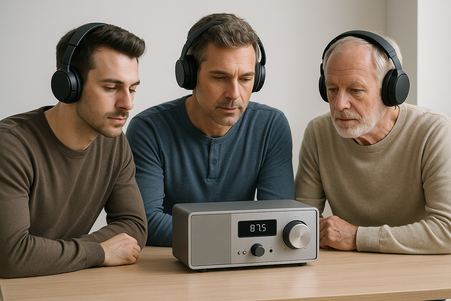 3 men with wireless headphones are listening to radio